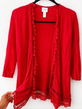 Chico’s Coral Linen Blend Tassel Crochet Trim Open Cardigan Size 1